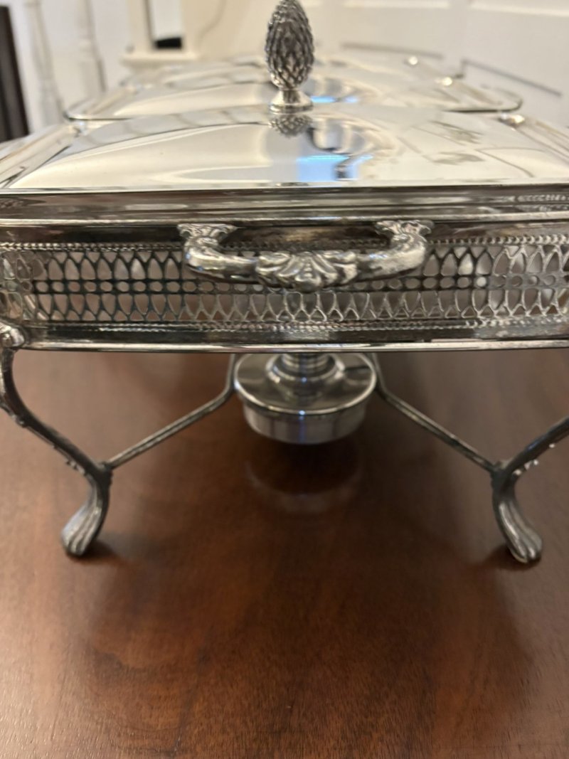 Unusual Antique Edwardian Three Silver Plated Serving Dishes on a Warming Stand - Image 7